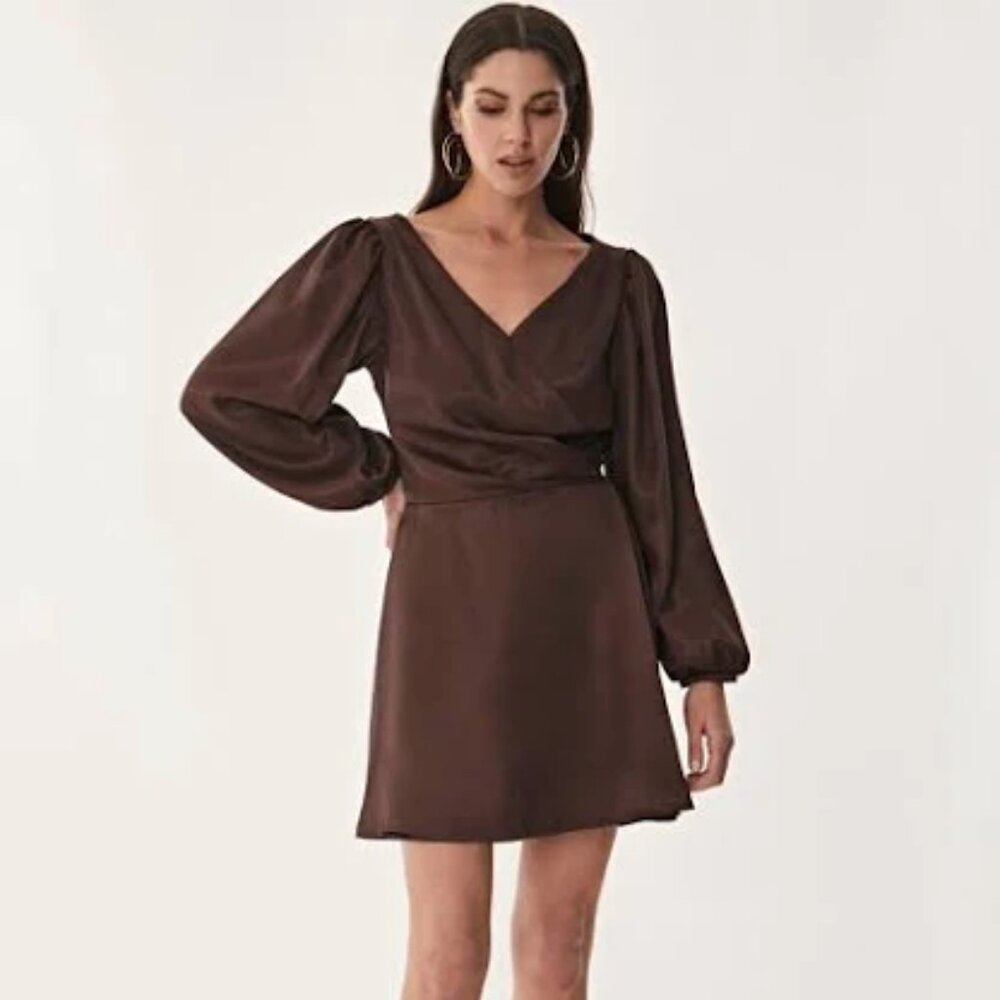 Krisa Puff Sleeve Wrap Dress (cocoa) NEW